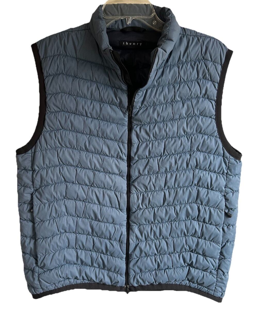 Theory Mens Down Puffer Vest L Blue Full Zip Lightweight Quilted Minimalist